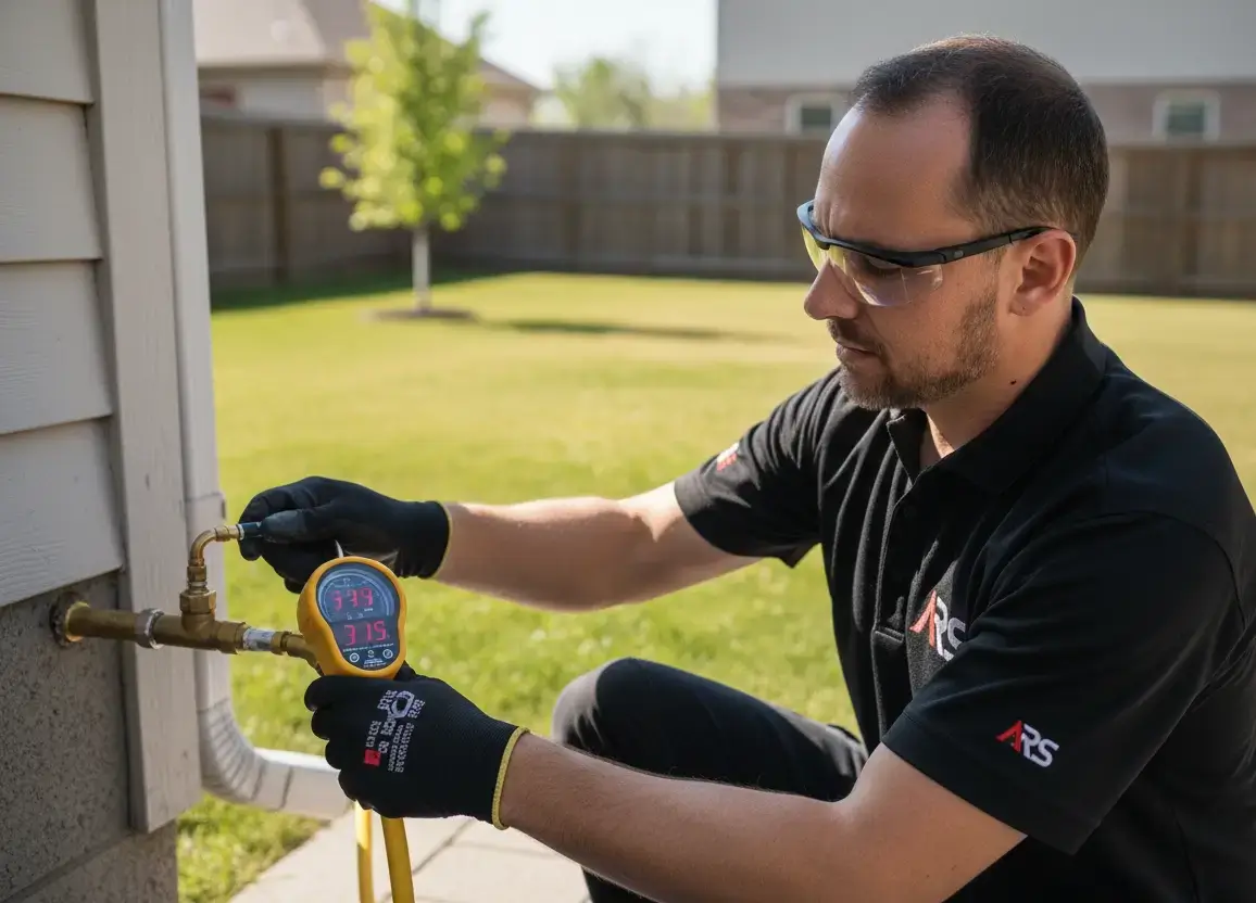 Technician testing gas line pressure for safety Technician testing gas line pressure for safety